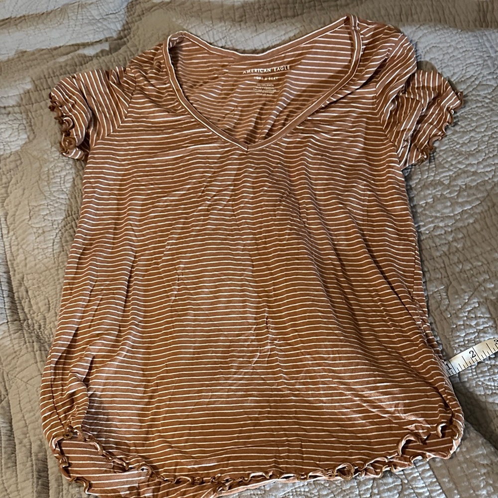 American Eagle Outfitters Brown Striped V-Neck Tee